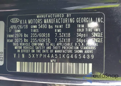 2019 Kia Sorento 3.3L Ex z USA, uszkodzony, nr VIN 5XYPH4A51KG465439